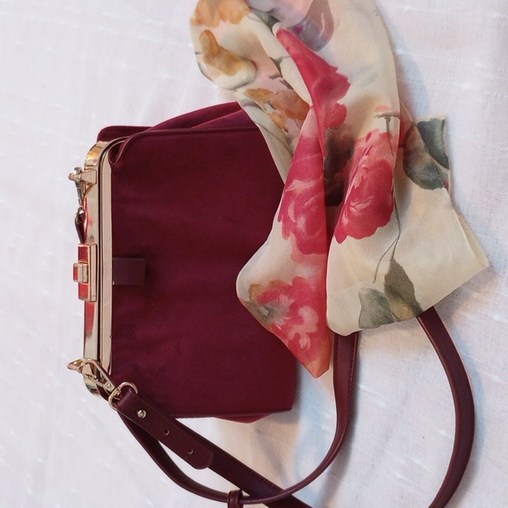Madison West Burgundy Velvet Shoulder Bag with Gold Frame